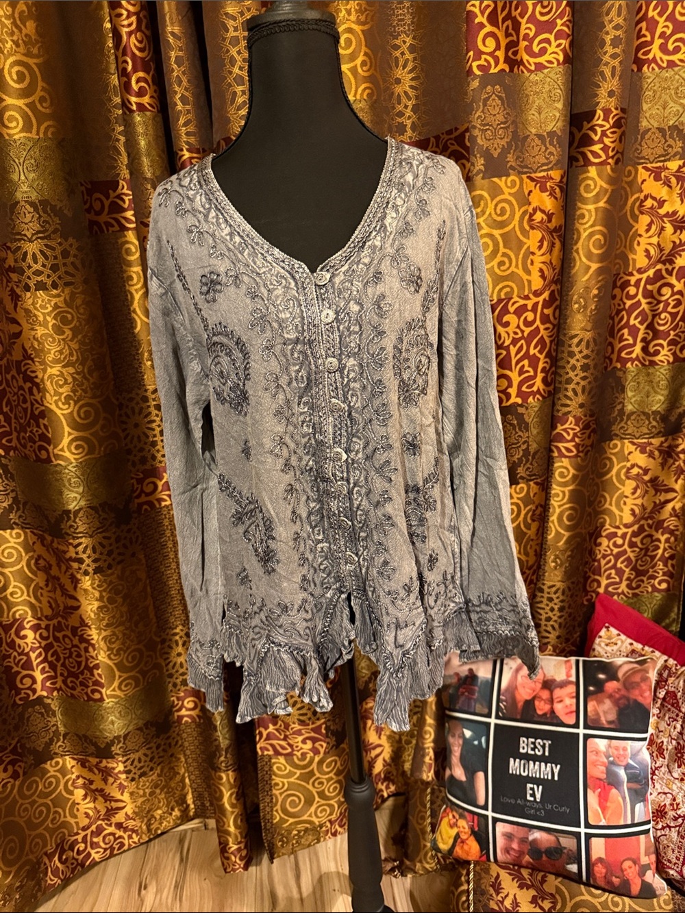 Sacred Threads grey embroidered  button front Top